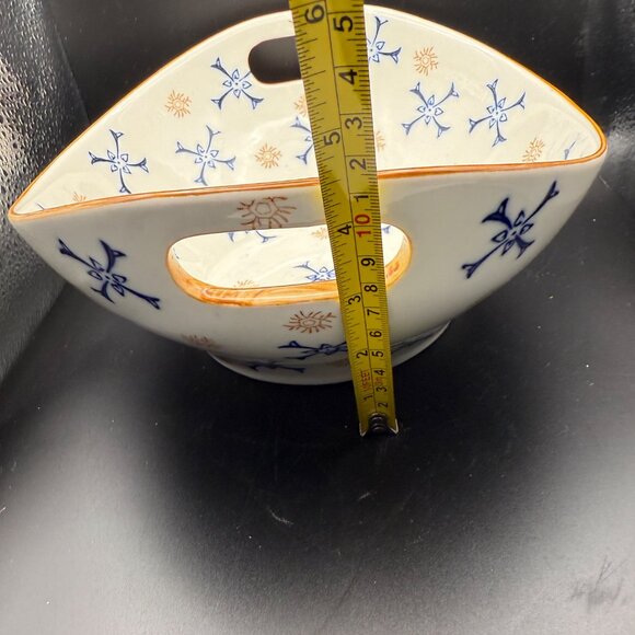 Temp-Tations Oval Ceramic Serving Bowl Handles Blue Gold Atomic Floral Pattern - Picture 10 of 10